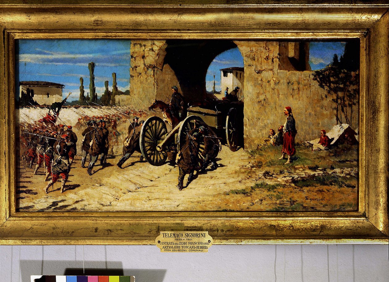 Avanti a braccia, indsejling af de franske zouaver og det toscanske artilleri i Rubiera af Telemaco Signorini