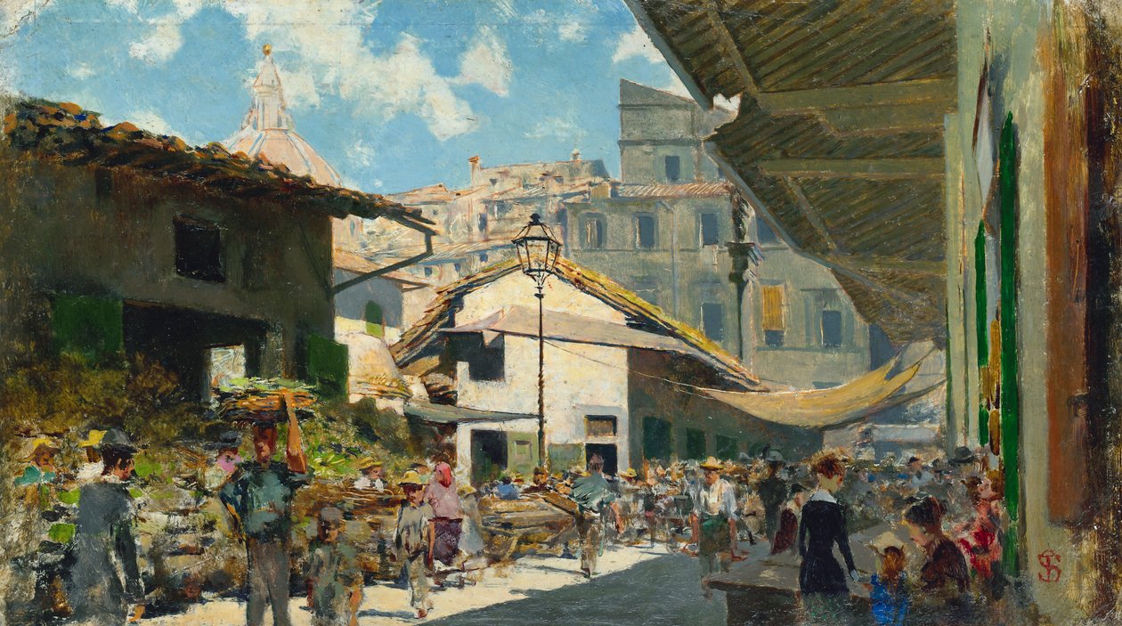 Det gamle marked, ca. 1882-84 (olie på karton) af Telemaco Signorini