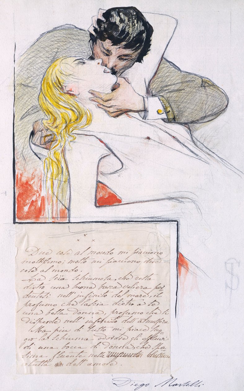 Kysset, af Telemaco Signorini (1835-1901) (tegning) af Telemaco Signorini