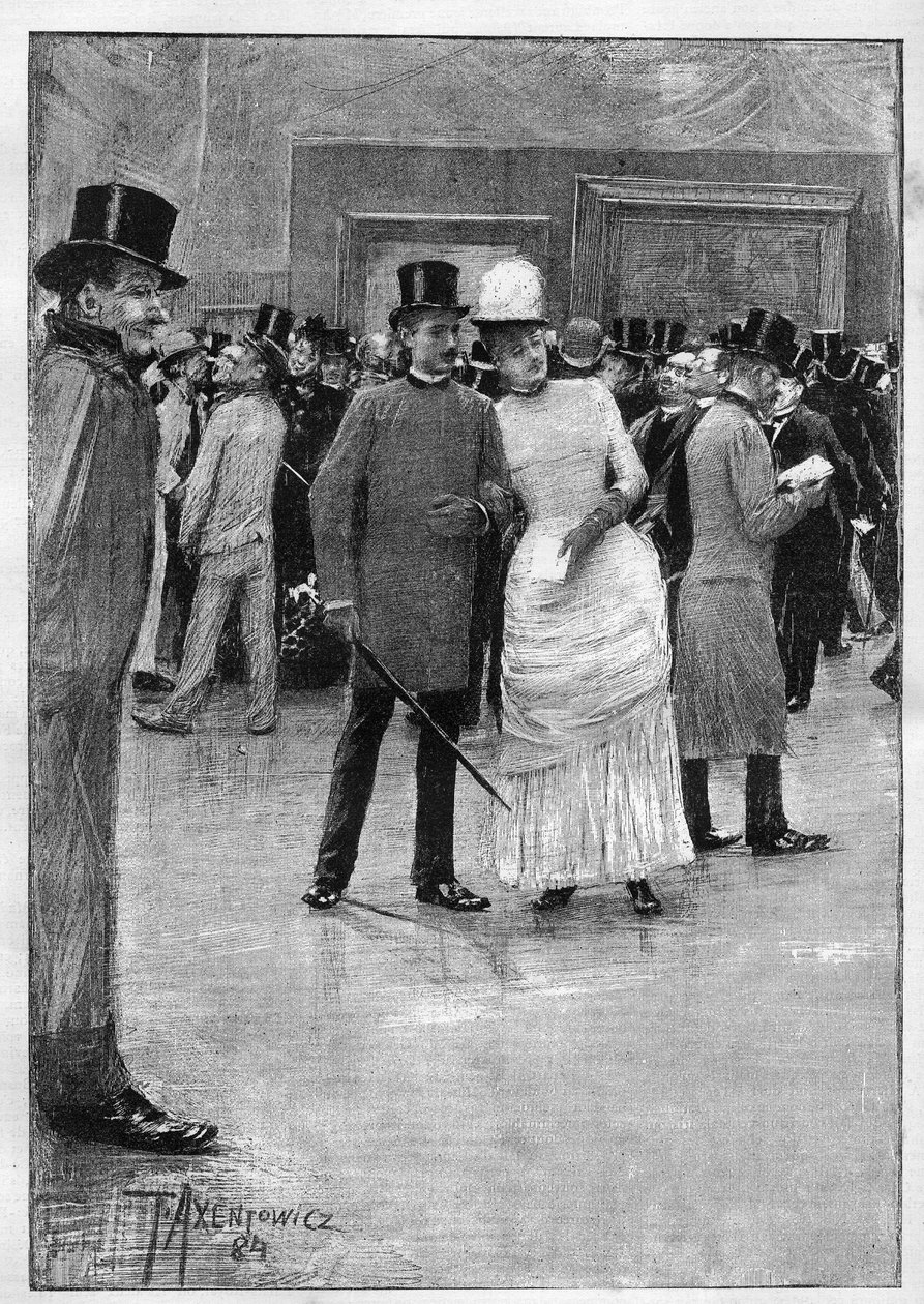 Besøgende til udstillingen med tegninger af Ecole Moderne på Ecole des Beaux Arts i Paris. Tegning af hr. Axentowicz. Gravering i "" Le Monde Illustré"" af Teodor Axentowicz