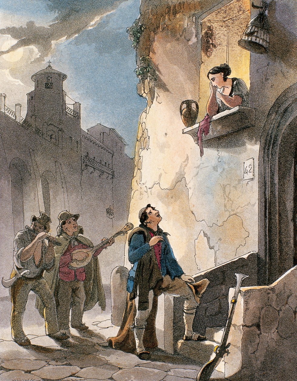 Serenade, illustration fra kostumer og populære scener i Napoli af Achille Vianelli, ca. 1830 (akvatint) af Teodoro Guglielmo Witting