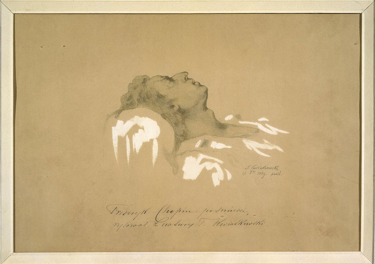 Frederic Chopin (1810-1849) på sit dødsleje af Kwiatkowski, Teofil (1809-1891). Blæk, gouache, grafit på papir af Teofil Kwiatkowski