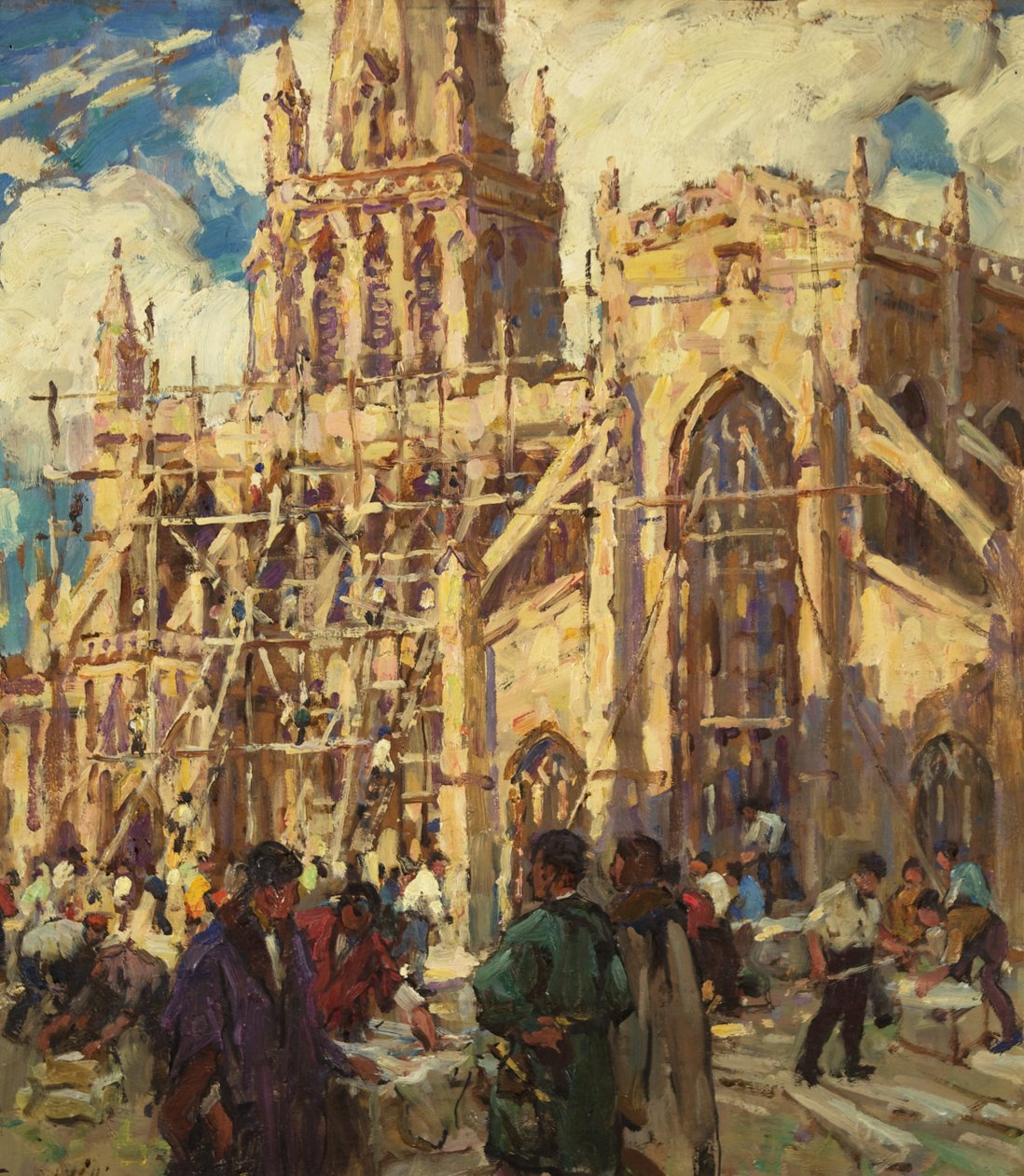 The Rebuilding of St Mary Redcliffe, ca. 1920 (olie på pap) af Terrick Williams