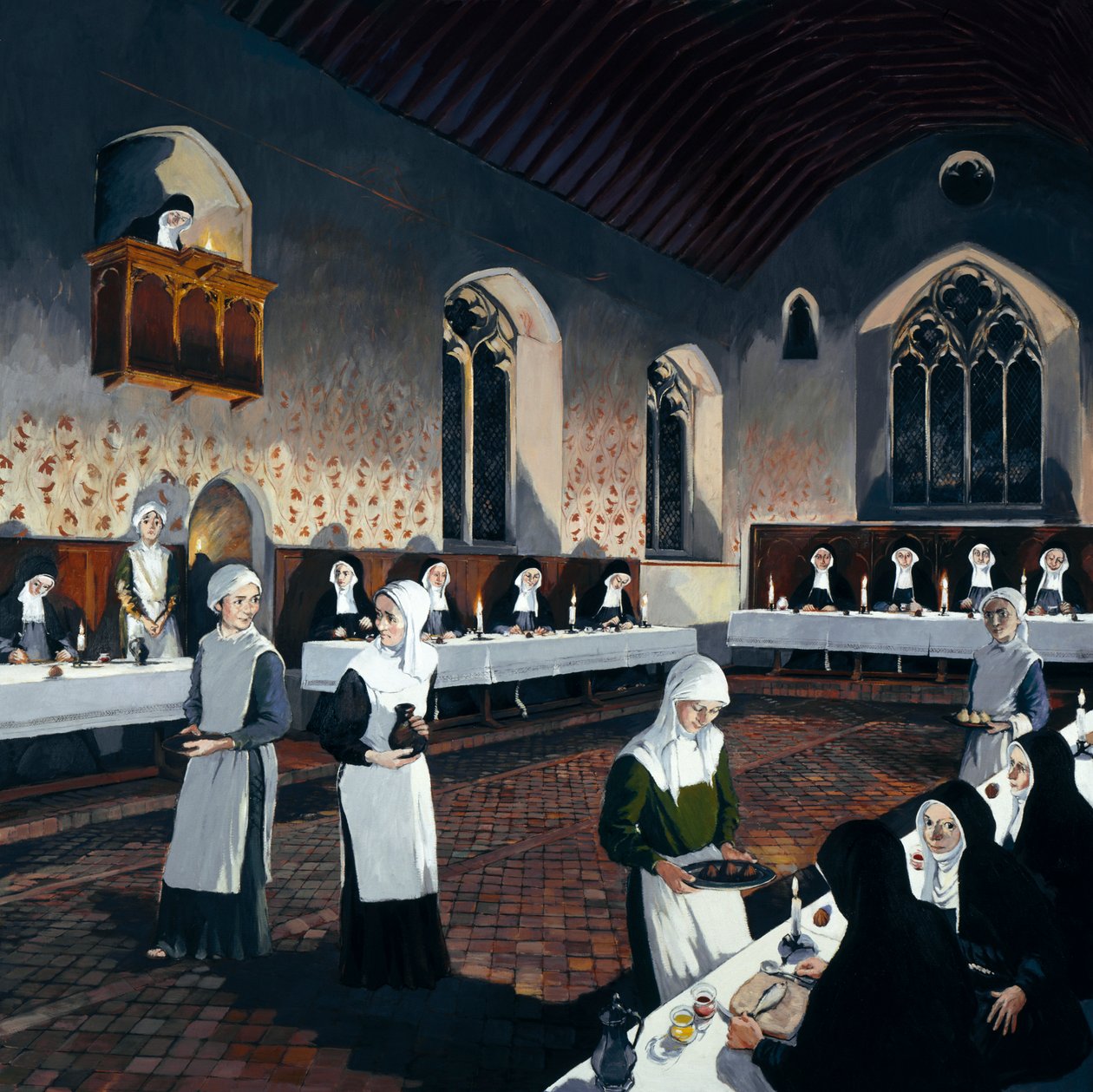 Rekonstruktion af refektoriet i det 15. århundrede, Denny Abbey, Cambridgeshire, 1993 af Terry Ball