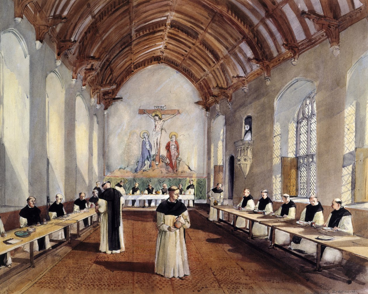 Rekonstruktionstegning af refektoriet i cistercienserklosteret i Cleeve Abbey, 1991 af Terry Ball