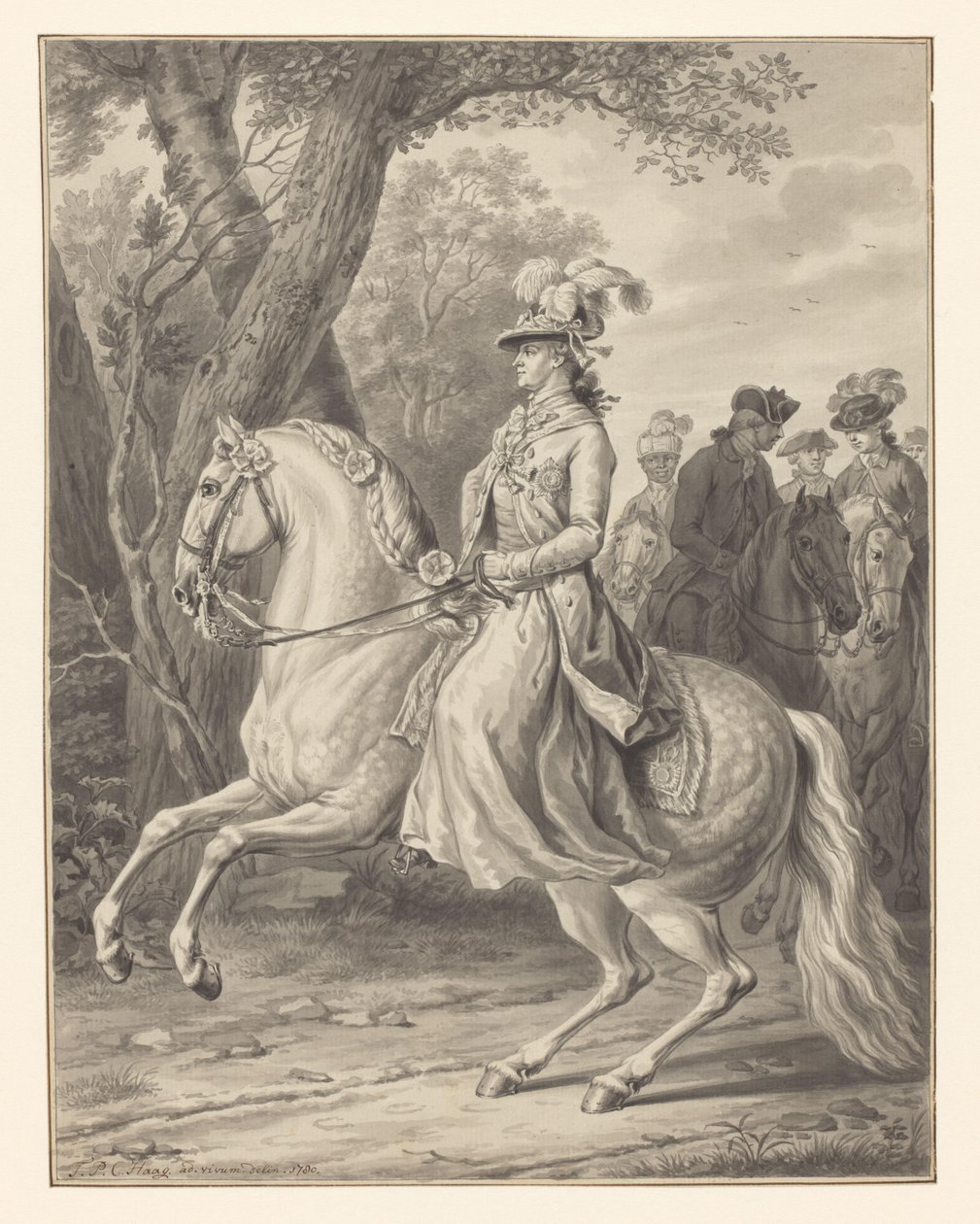 Wilhelmina af Preussen, prinsesse af Orange-Nassau, til hest af Tethart Philip Christian Haag (signed by artist)