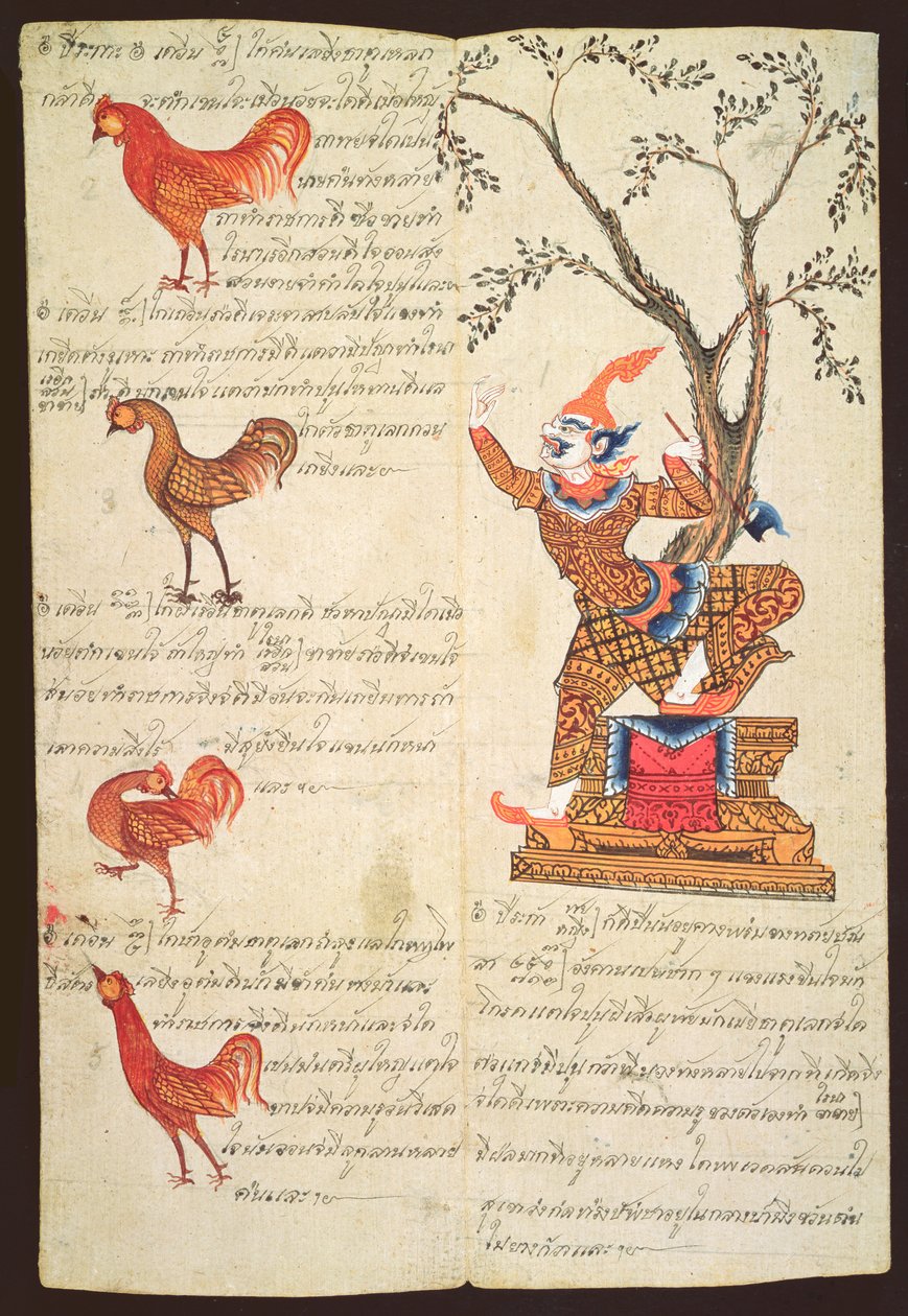 CBL Thi 1302 To sider, der illustrerer Hanens år, fra en spåmanual, ca. 1840 (pen & blæk og gouache på khoi-papir) af Thai School