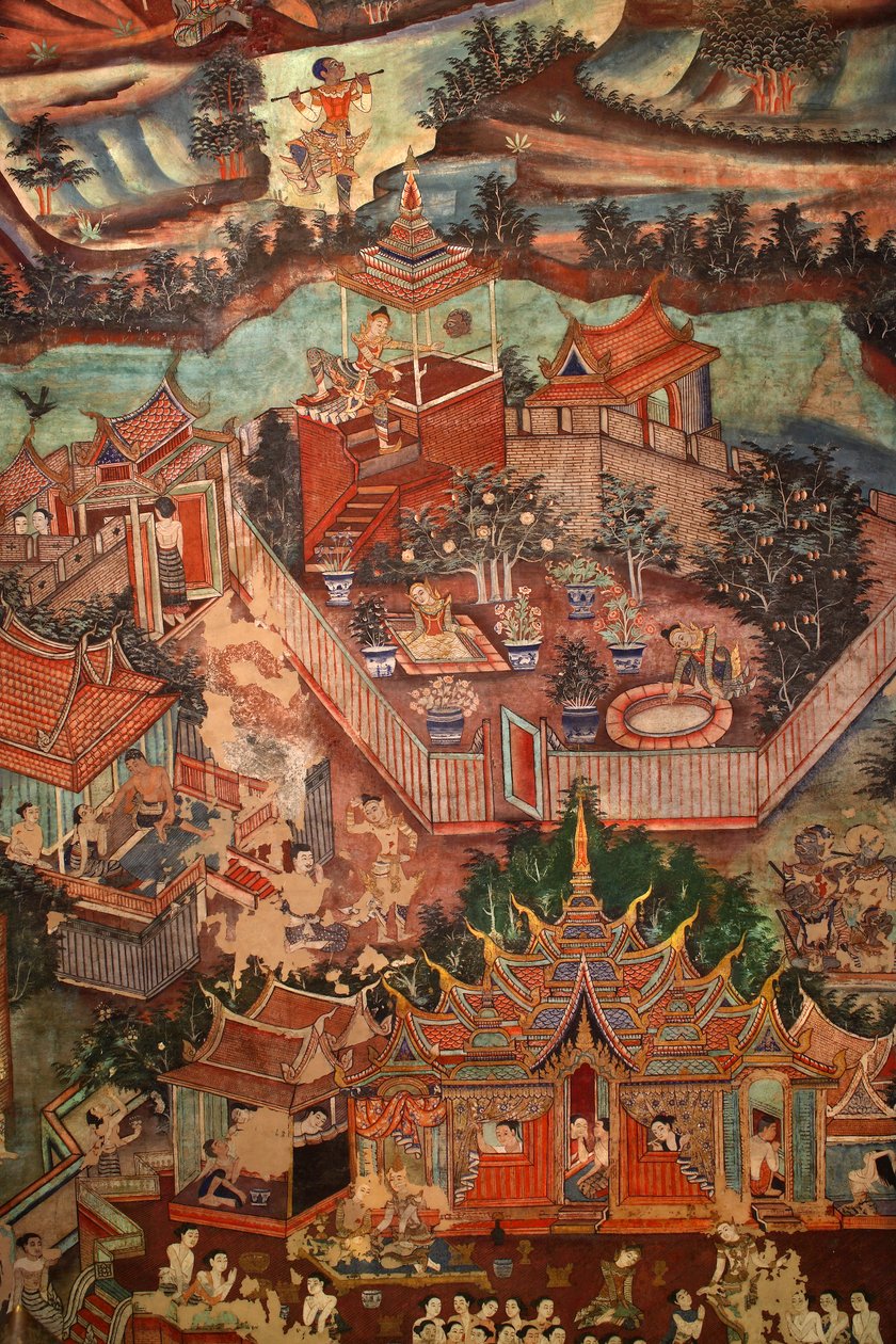 Detalje af vægmalerierne af Viharn laikam, der portrætterer Sang Thong Tales af Thai School