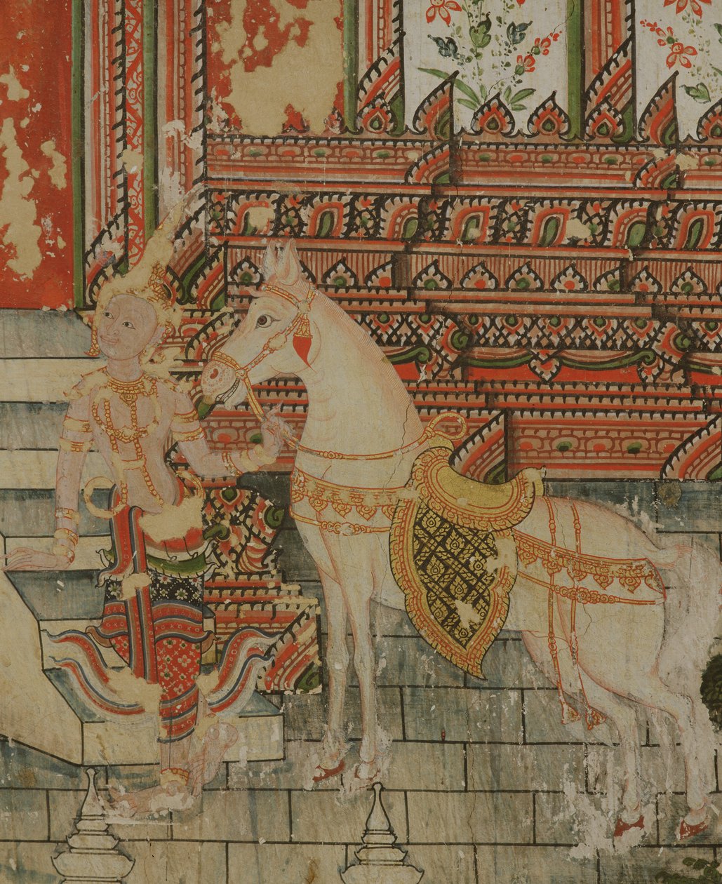 Life of Buddha, detalje af et overnaturligt væsen, der holder en hest, Wat Suwannaram, Thonburi, 1831 af Thai School
