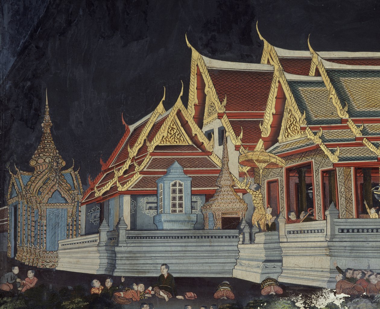 Detalje af kong Mongkut, der ser en solformørkelse (vægmaleri) af Thai School