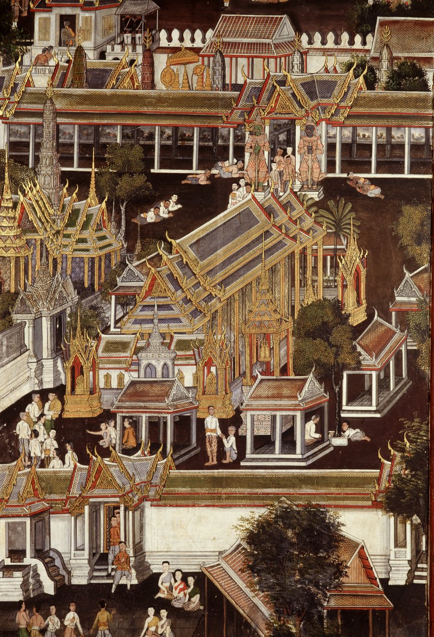 Detalje af et vægmaleri, der forestiller Emerald Buddhas tempel (vægmaleri) af Thai School
