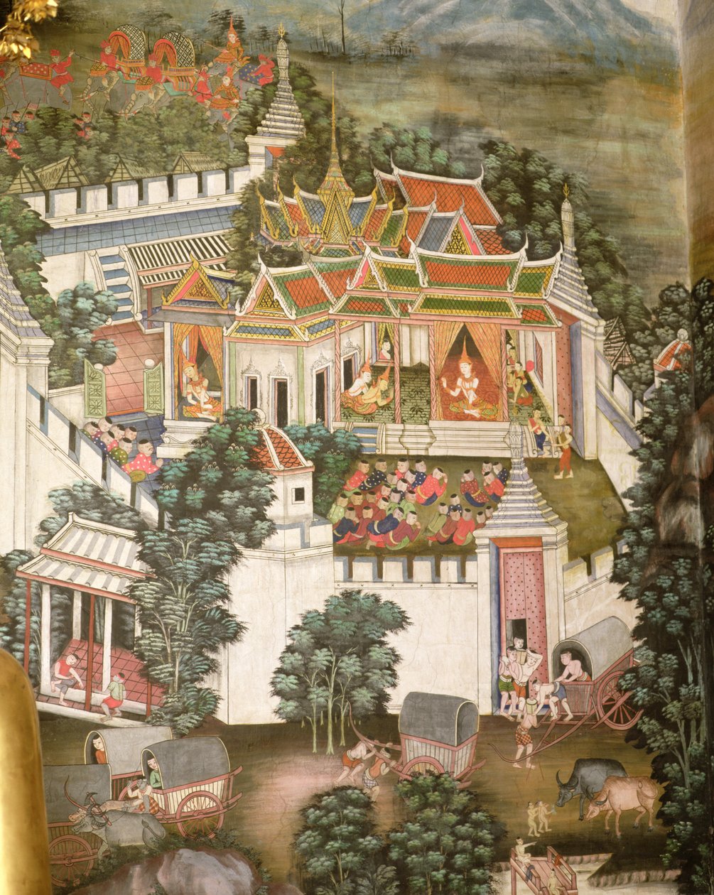 Et befæstet palads (vægmaleri) af Thai School