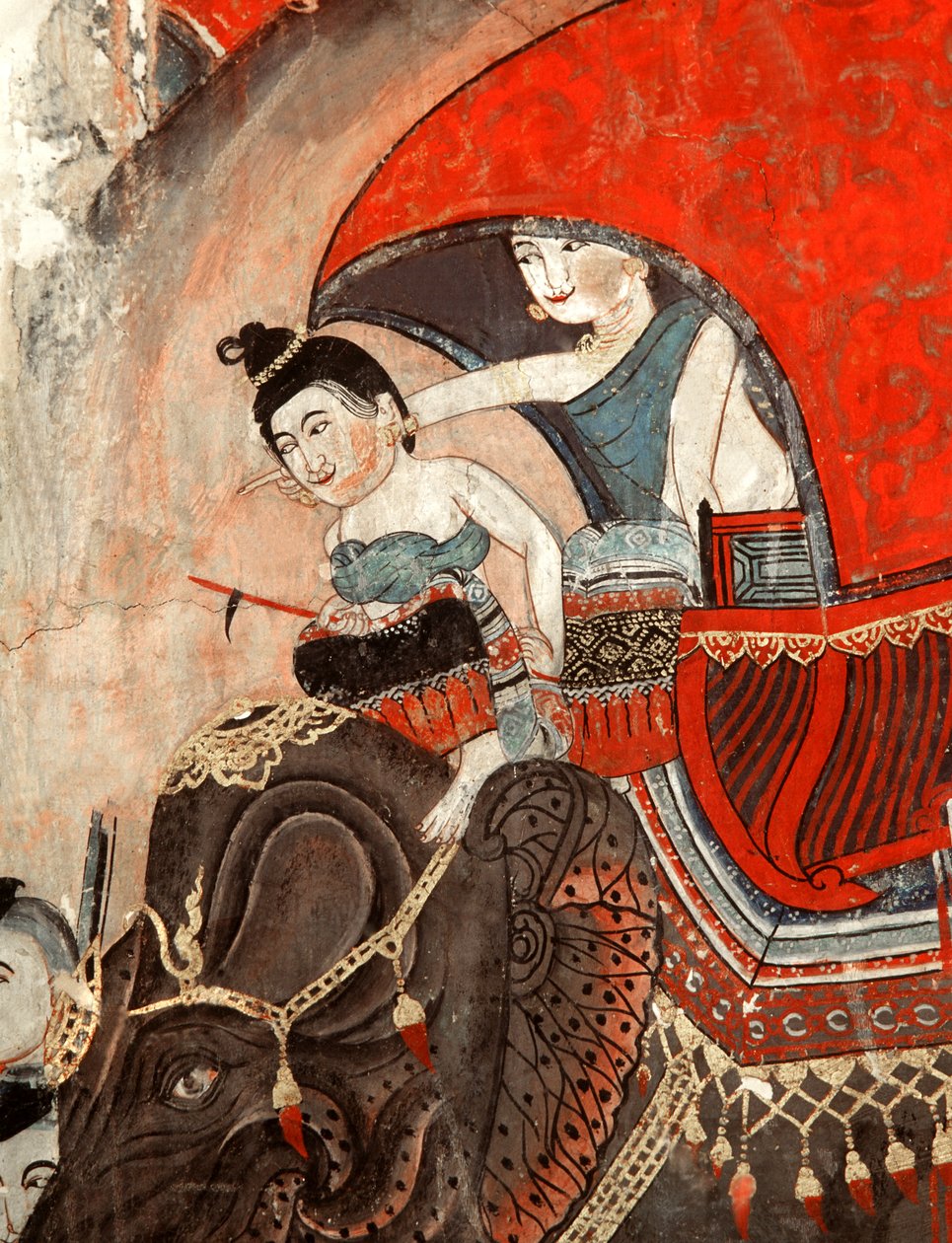En prinsesse og ledsager rider på en elefant (vægmaleri) af Thai School