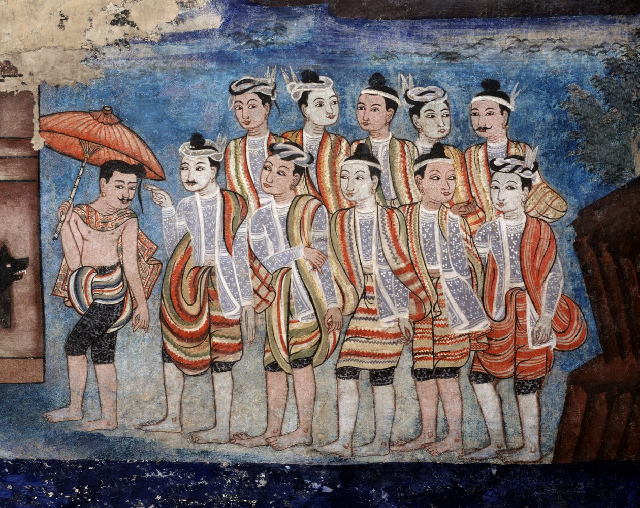 En gruppe thailandske yai (Shan) mænd, detaljer af vægmalerierne af Viharn laikam, der portrætterer Sang Thong Tales (vægmaleri) af Thai School