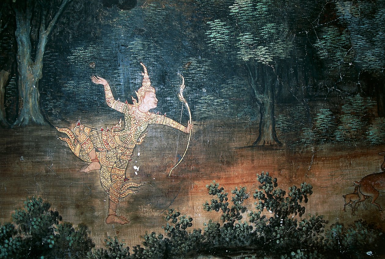 Apsara, vægmalerier med scener fra Buddhas liv, Wat Suwan Dararam, Ayutthaya Historical Park (UNESCOs verdensarvsliste af Thai School