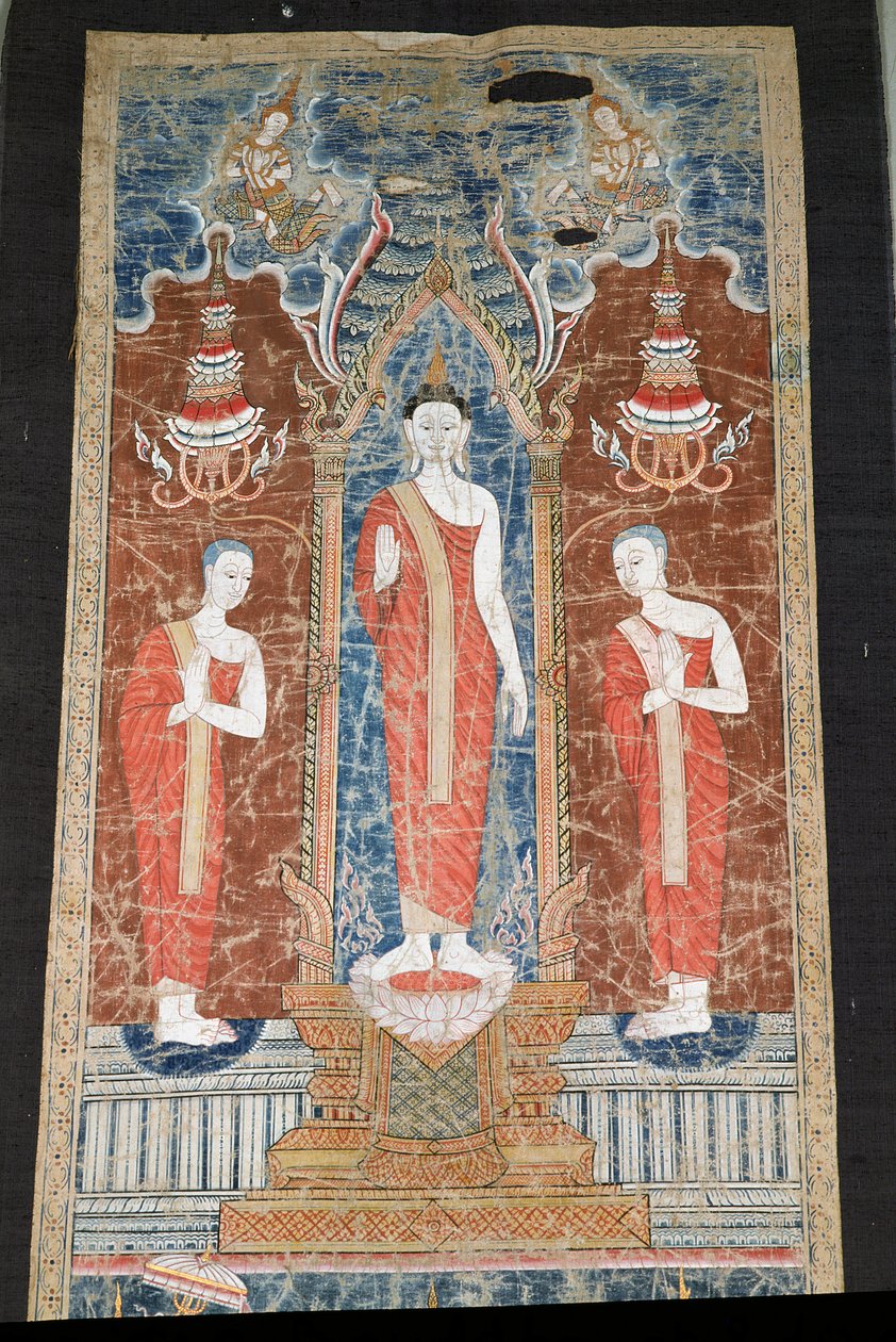 Banner, der viser stående Buddha med to disciple, Rattanakosin Style (malet silke) af Thai School