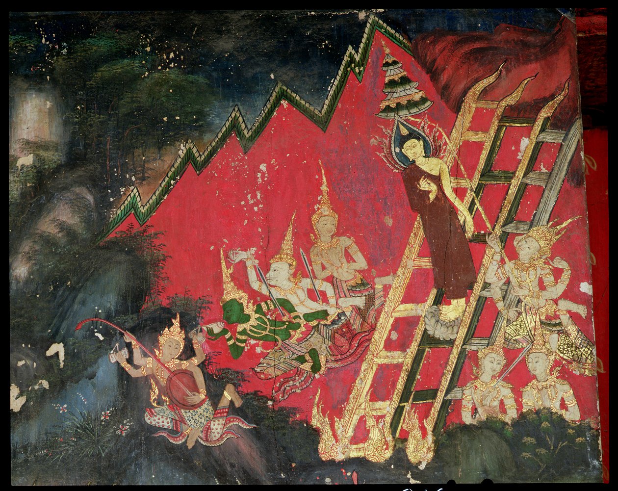 Buddha, der stiger ned fra himlen (vægmaleri) af Thai School