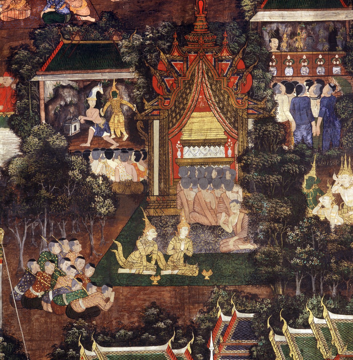 Publikum ser teater- og dukkeforestillinger i anledning af Buddhas begravelse, detalje fra Buddhas død (malet stof) af Thai School