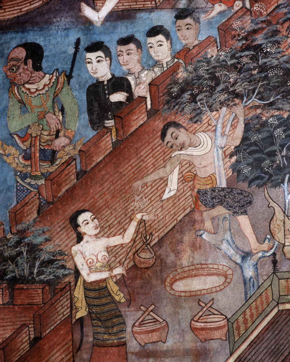 Detalje fra et vægmaleri i Viharn laikam ved Wat Phra Singh af Thai School