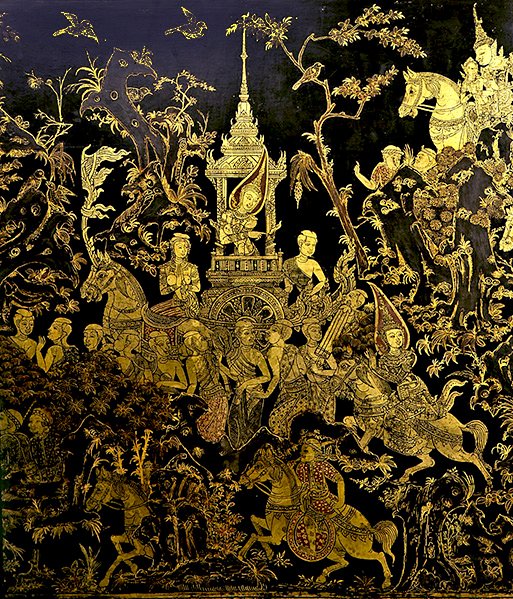 Detalje af en skærm, der viser en episode af legenden In (guld og lak) af Thai School