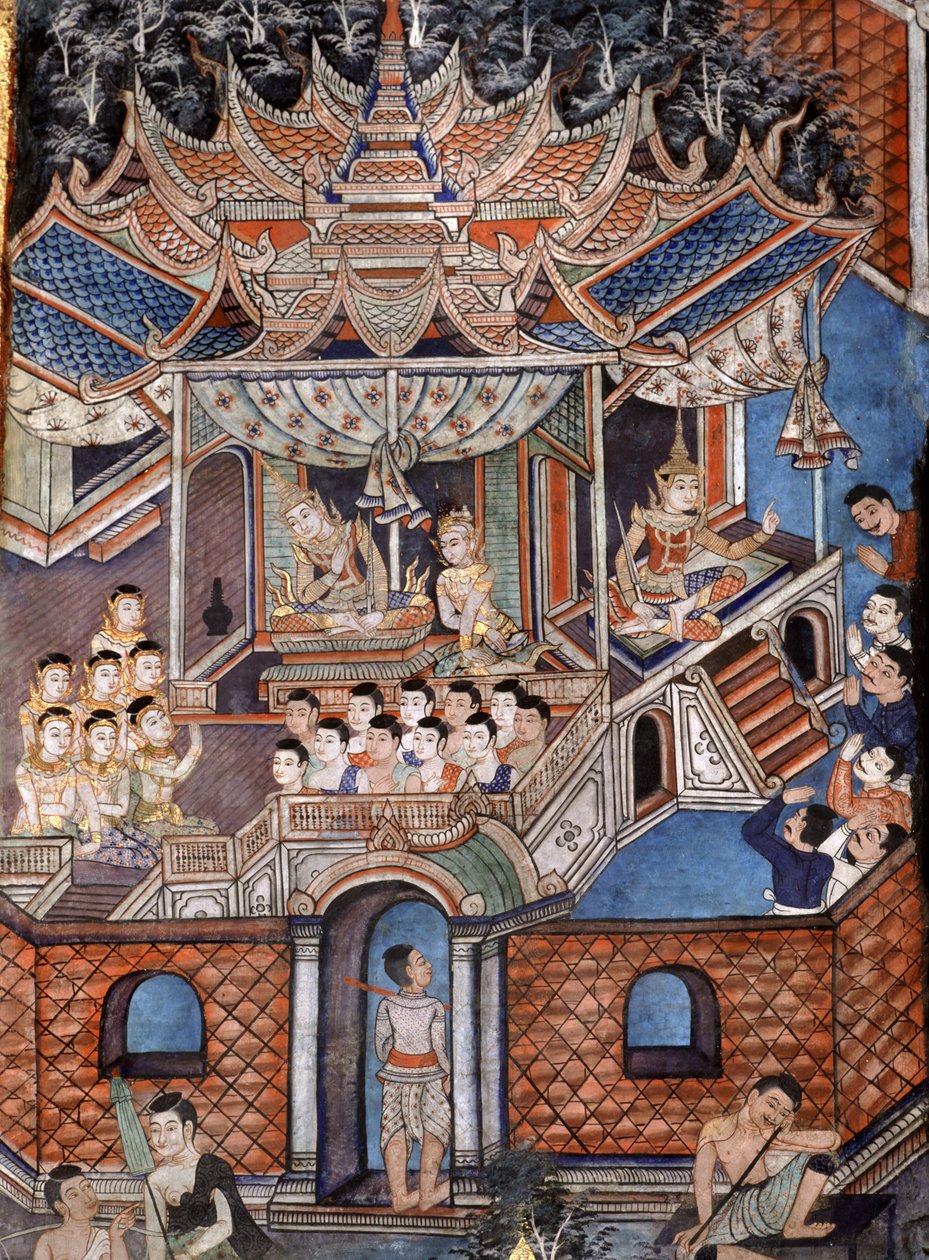 Detalje af vægmalerierne af Viharn laikam, der portrætterer Sang Thong Tales (vægmaleri) af Thai School