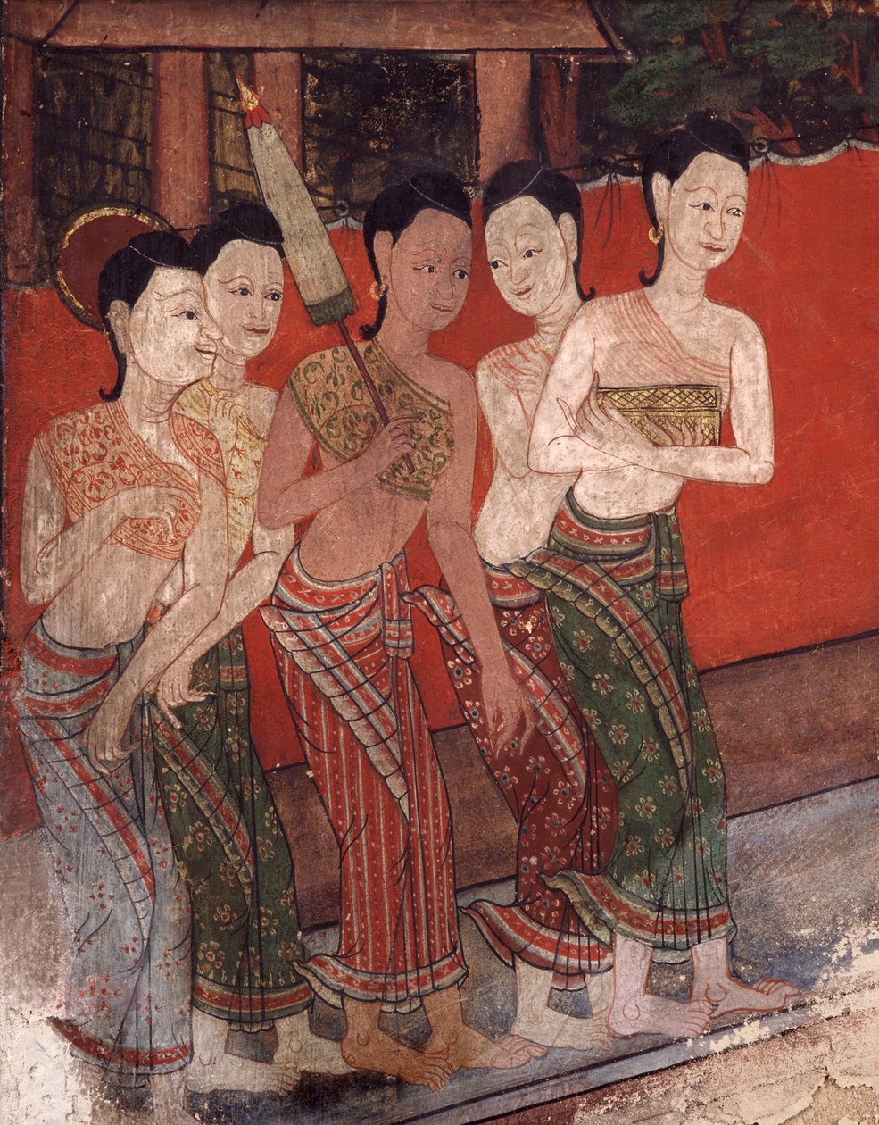 Detalje, der viser en gruppe kvinder, slutningen af det 19. århundrede (vægmaleri) af Thai School