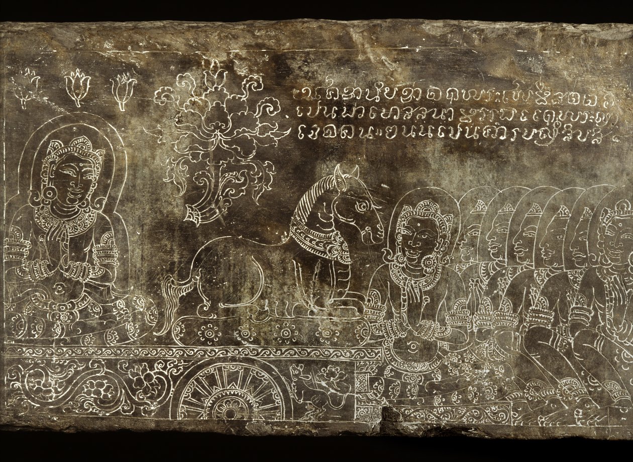 Indgraveret stenpanel, der forestiller Bhojajania Jataka-fortællingen, fra Wat Si Chum, Sukhothai, 14.-15. århundrede af Thai School