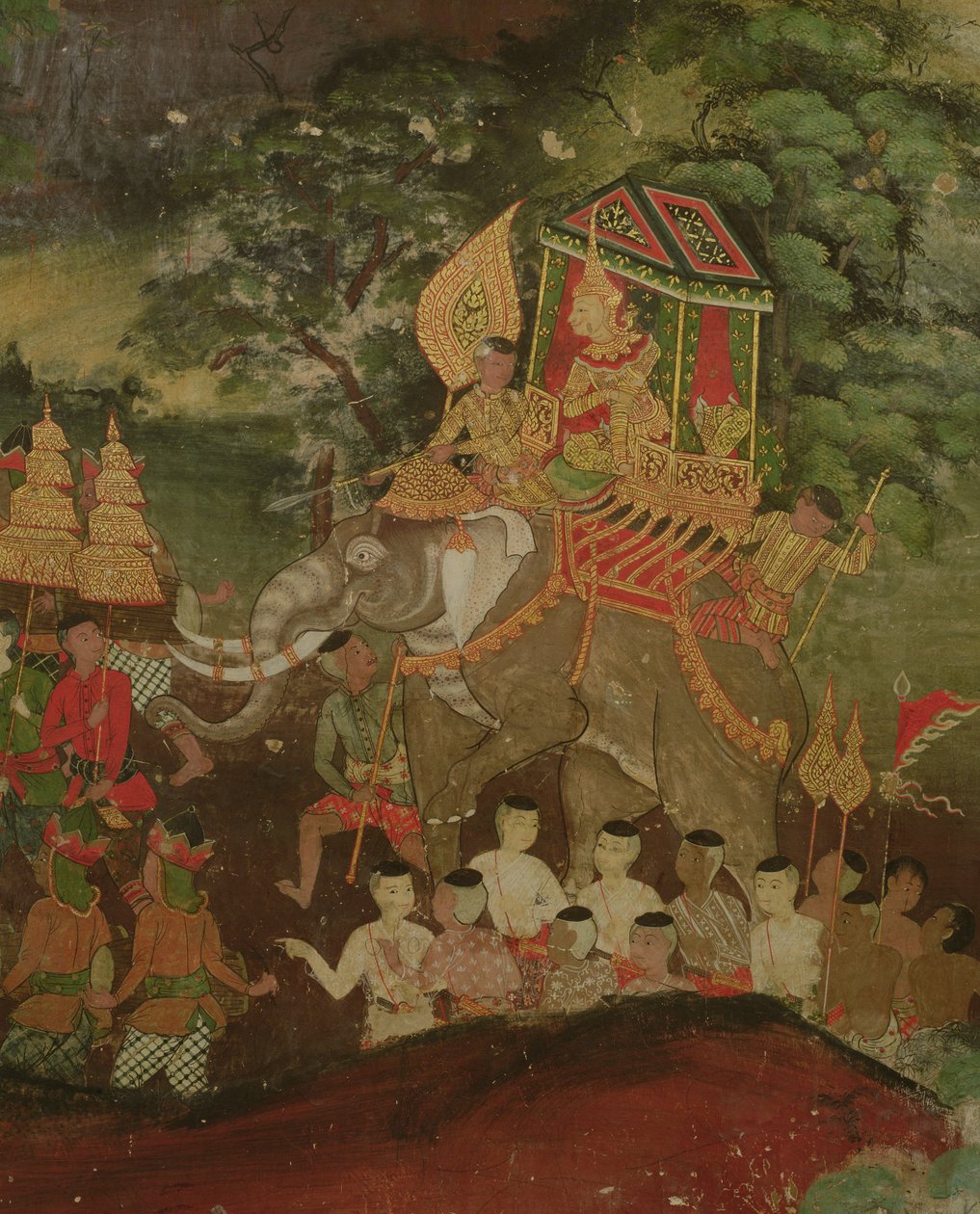 Kong Sanjaya på en elefant, Wat Suwannaram, Dhonburi, 1831 af Thai School