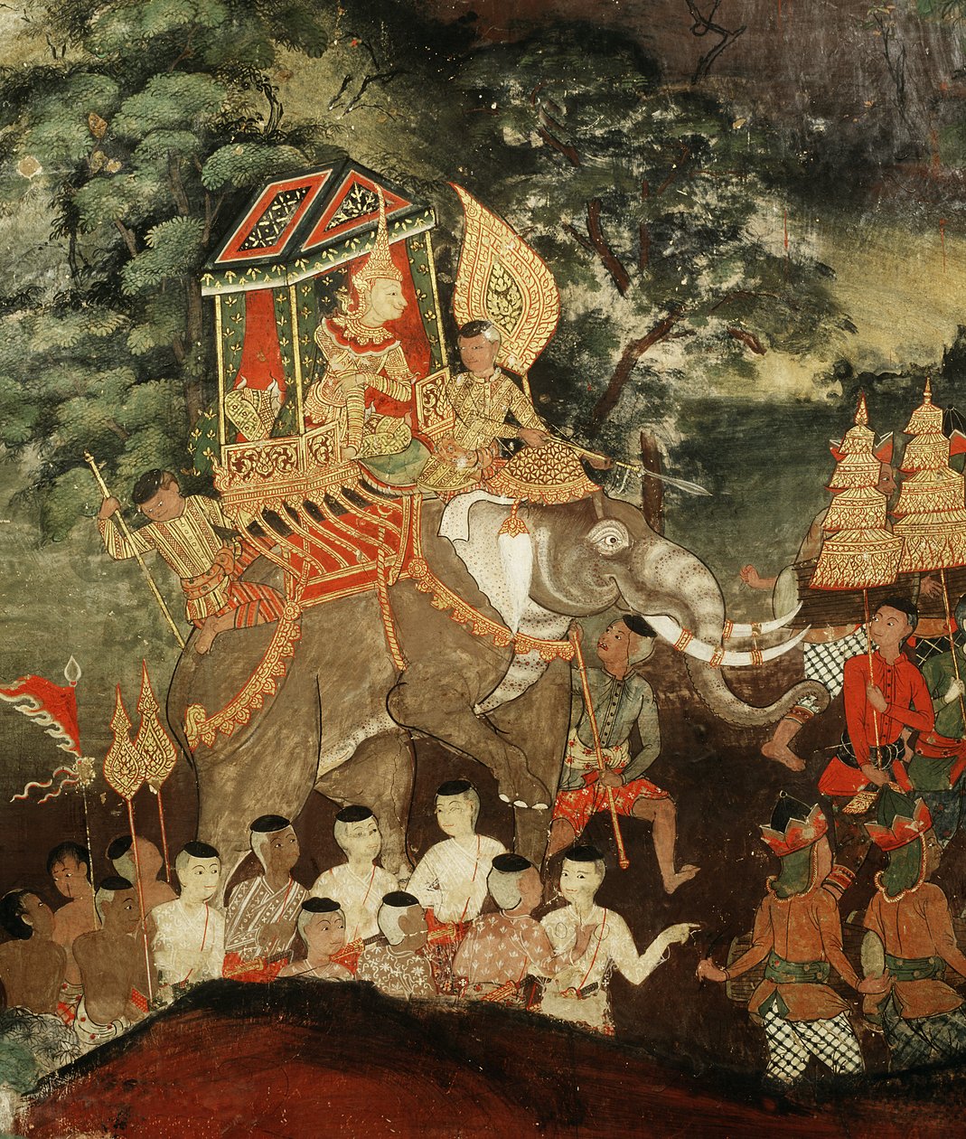 Kong Vessantara på en hvid elefant møder brahminerne, scene fra Vessantara Jataka, begyndelsen af det 19. århundrede (malet stof) af Thai School