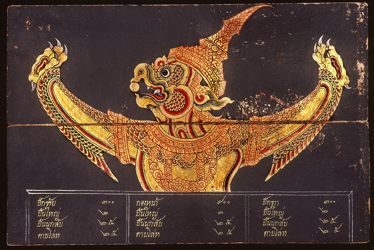 Blad af et manuskript om thailandsk militærkunst, der viser billedet af en Garuda, 1815 (wc på papir) af Thai School