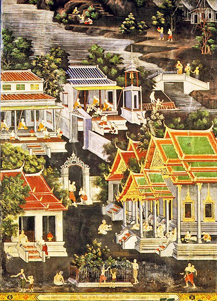 Life of the Monks, Wirharn Sasada, Wat Bowonniwet Vihara, Bangkok (fresco) af Thai School
