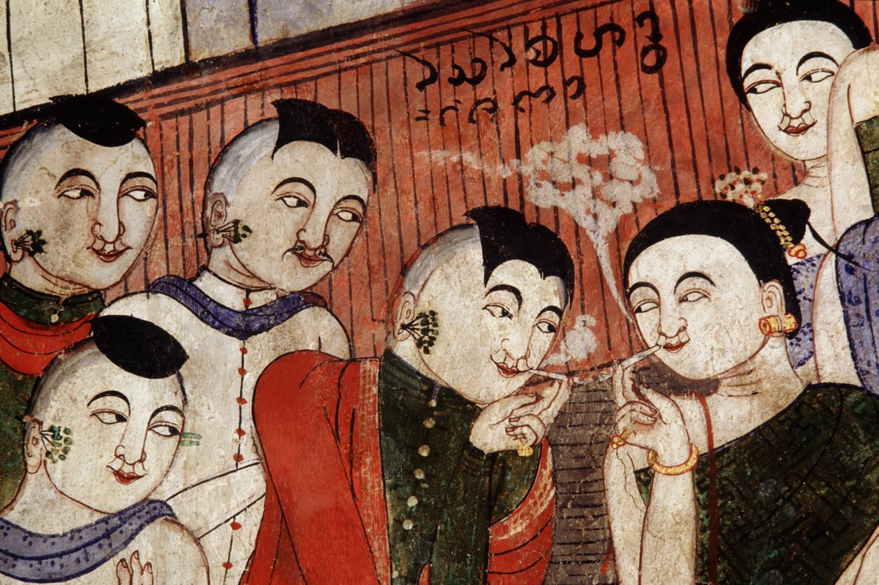 Elskere, der ryger, detaljer fra et vægmaleri ved Wat Phumin (vægmaleri) af Thai School