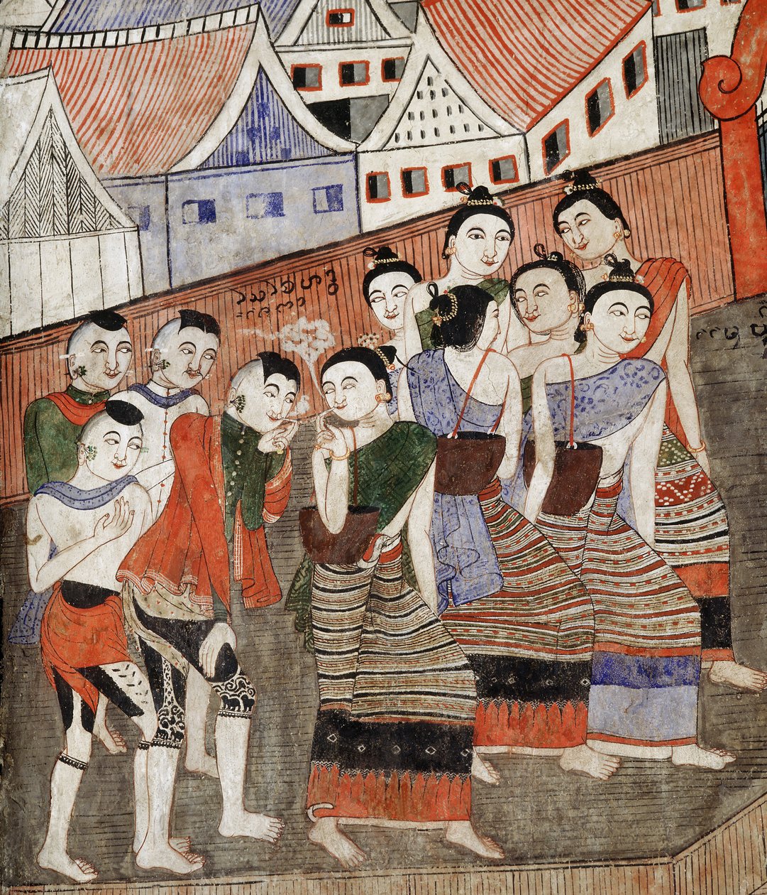Elskere, der ryger, detaljer fra et vægmaleri ved Wat Phumin (vægmaleri) af Thai School