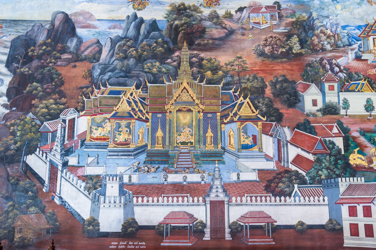 Vægmaleri, der viser scener fra Ramayana ved Wat Phra Kaeo, Royal Grand Palace, Bangkok, Thailand af Thai School