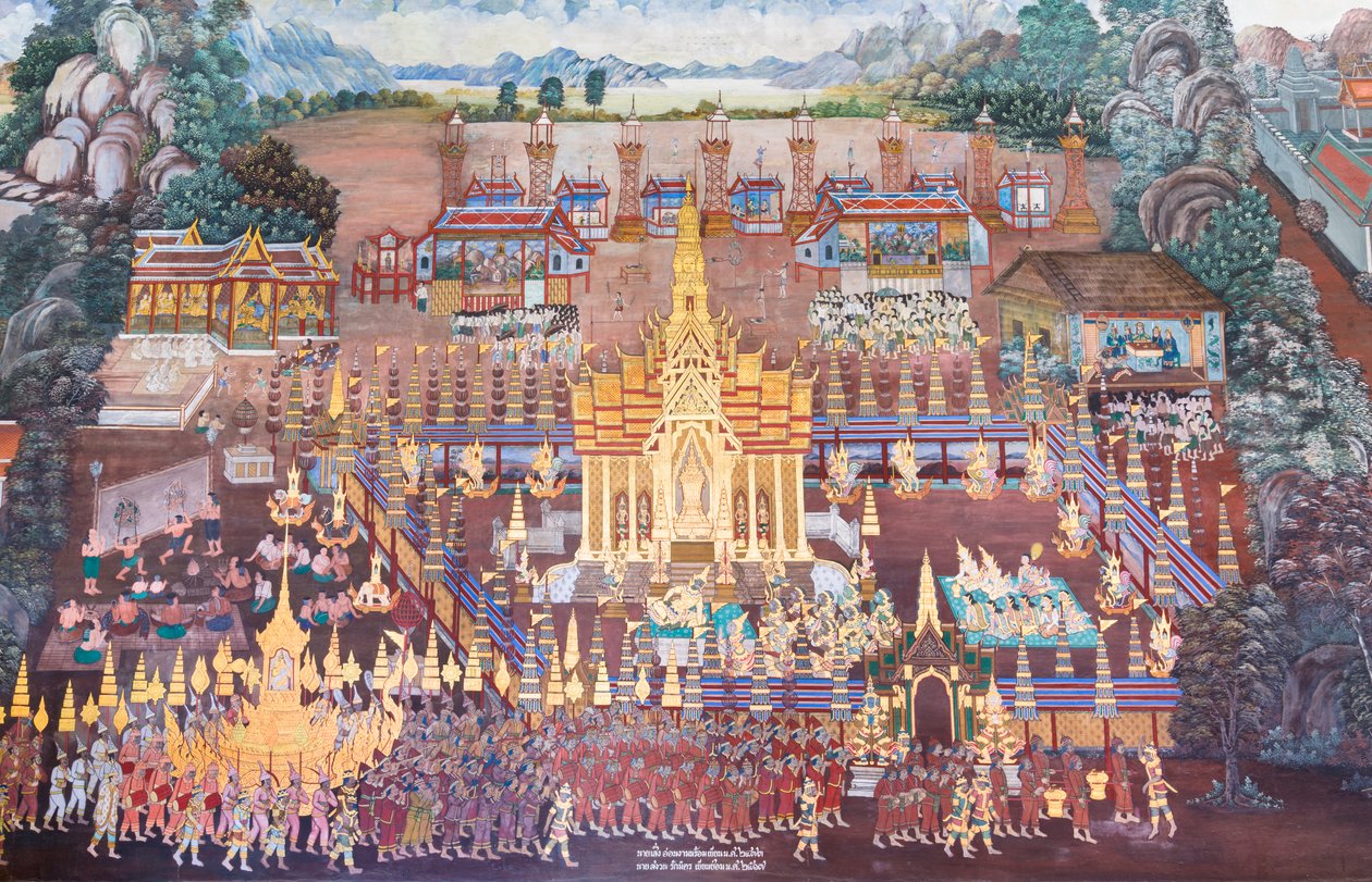 Vægmaleri, der viser scener fra Ramayana ved Wat Phra Kaeo, Royal Grand Palace, Bangkok, Thailand af Thai School