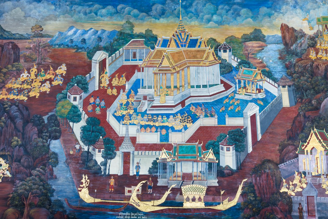 Vægmaleri, der viser scener fra Ramayana ved Wat Phra Kaeo, Royal Grand Palace, Bangkok, Thailand af Thai School