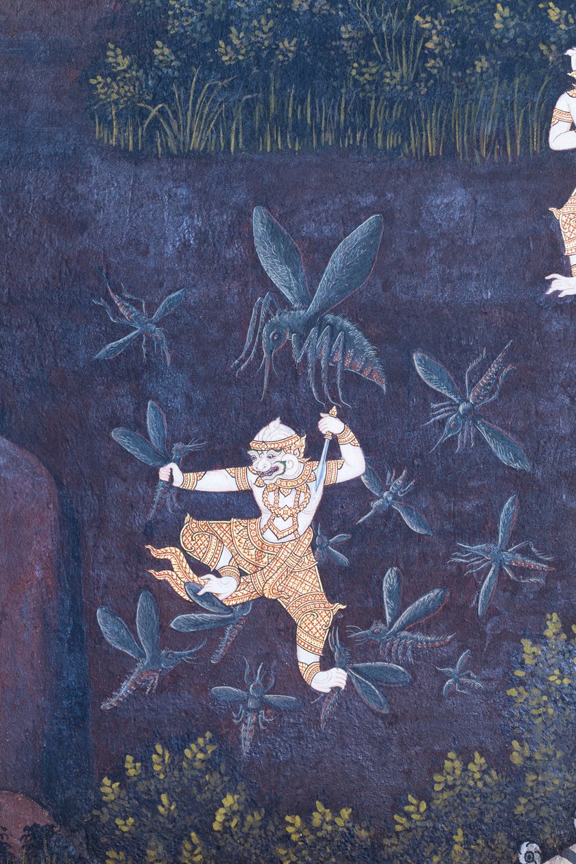 Vægmaleri, der viser scener fra Ramayana ved Wat Phra Kaeo, Royal Grand Palace, Bangkok, Thailand af Thai School