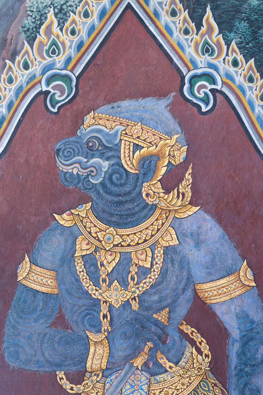 Vægmaleri, der viser scener fra Ramayana ved Wat Phra Kaeo, Royal Grand Palace, Bangkok, Thailand af Thai School