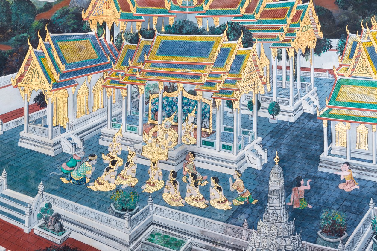 Vægmaleri, der viser scener fra Ramayana ved Wat Phra Kaeo, Royal Grand Palace, Bangkok, Thailand af Thai School