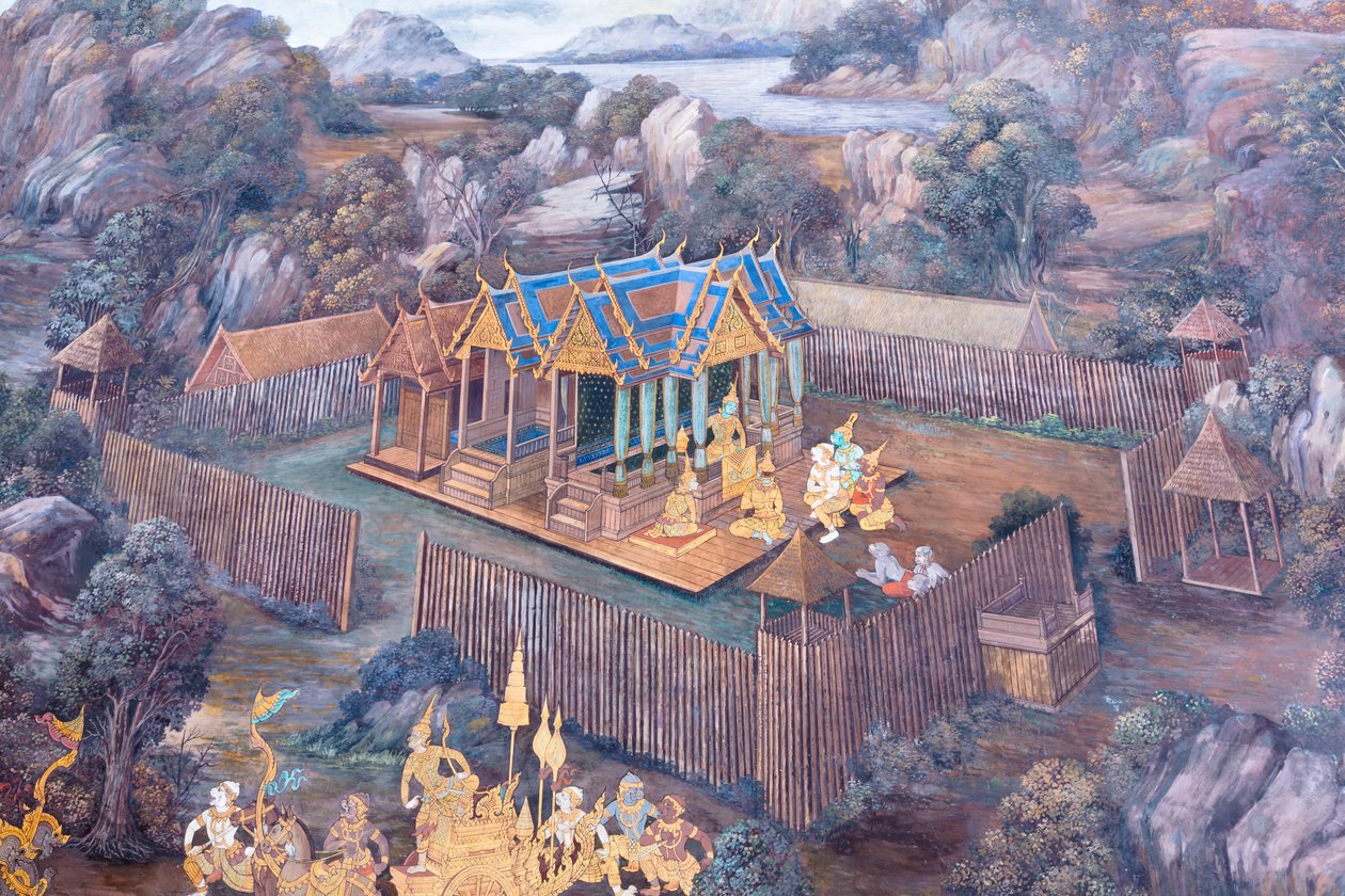 Vægmaleri, der viser scener fra Ramayana ved Wat Phra Kaeo, Royal Grand Palace, Bangkok, Thailand af Thai School