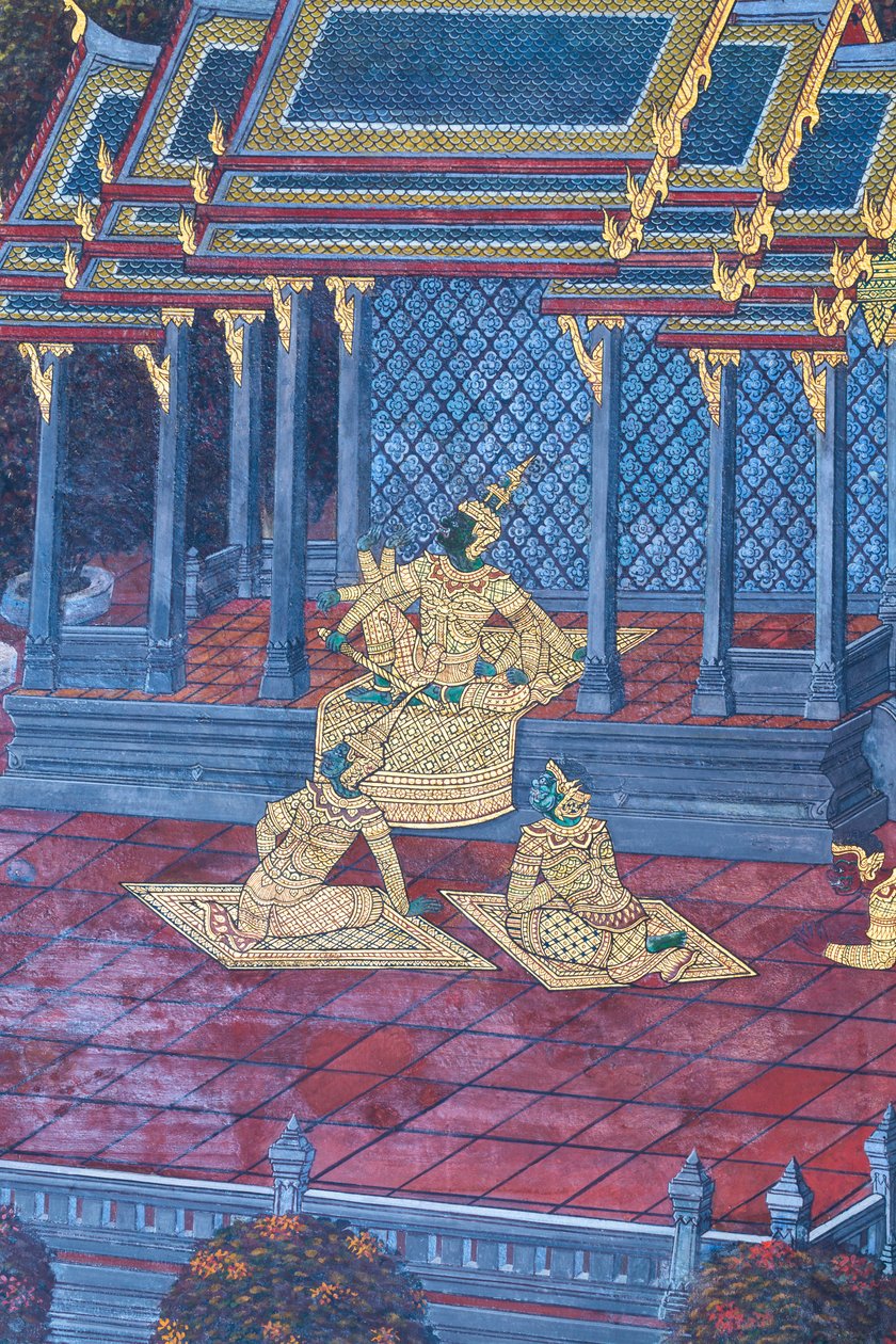 Vægmaleri, der viser scener fra Ramayana ved Wat Phra Kaeo, Royal Grand Palace, Bangkok, Thailand af Thai School