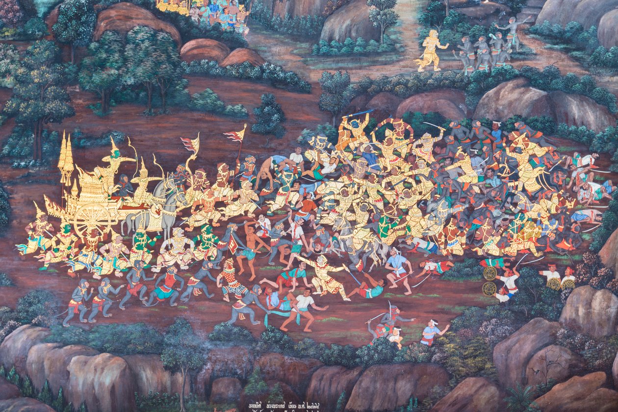 Vægmaleri, der viser scener fra Ramayana ved Wat Phra Kaeo, Royal Grand Palace, Bangkok, Thailand af Thai School