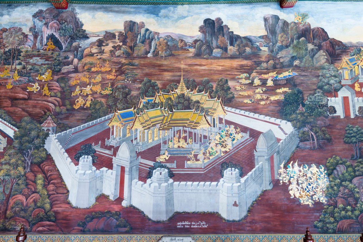 Vægmaleri, der viser scener fra Ramayana ved Wat Phra Kaeo, Royal Grand Palace, Bangkok, Thailand af Thai School