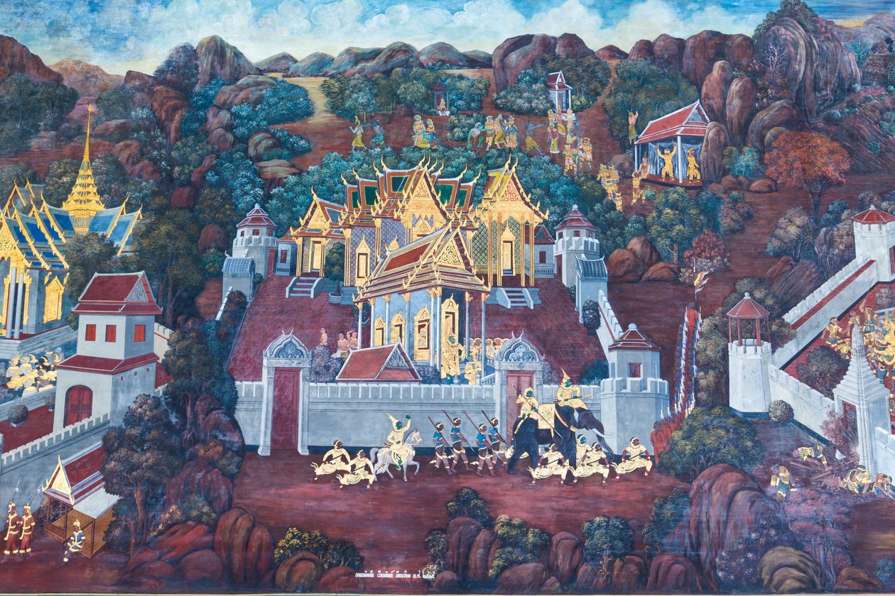 Vægmaleri, der viser scener fra Ramayana ved Wat Phra Kaeo, Royal Grand Palace, Bangkok, Thailand af Thai School