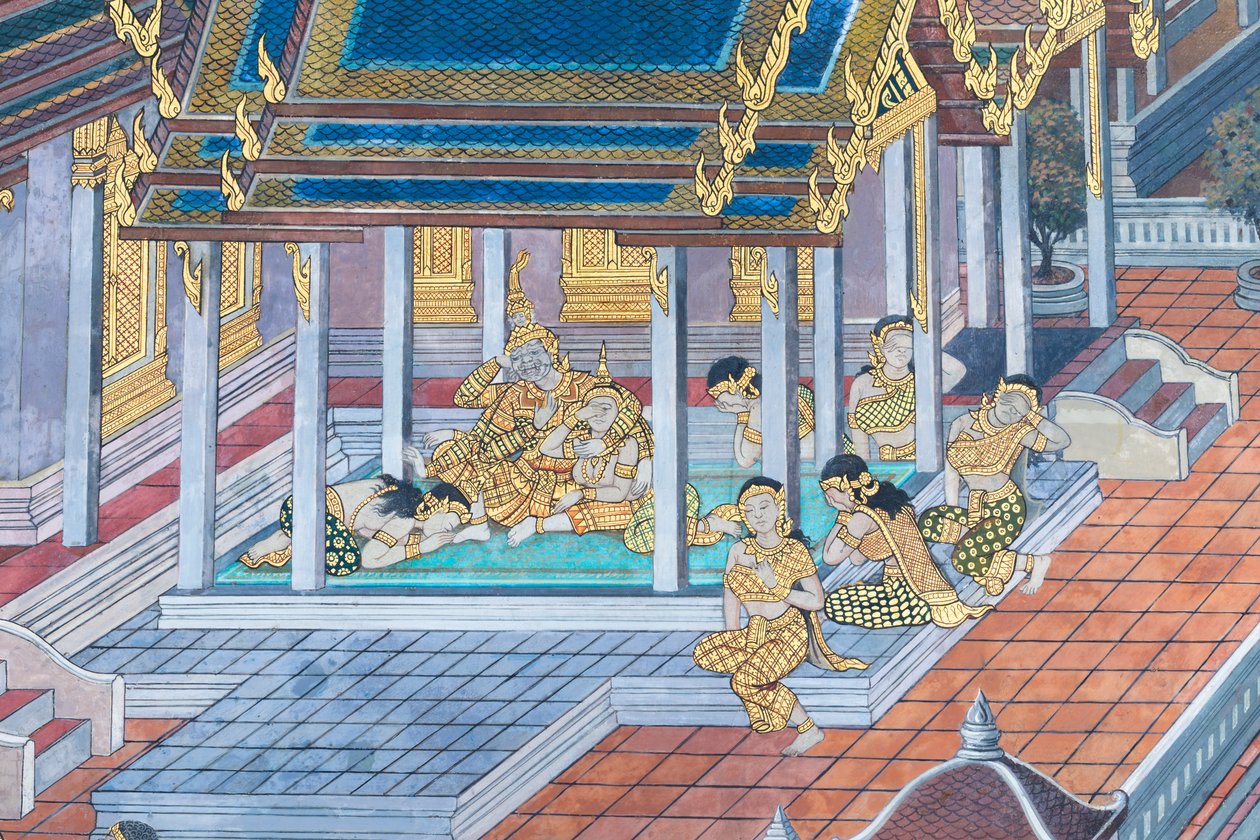 Vægmaleri, der viser scener fra Ramayana ved Wat Phra Kaeo, Royal Grand Palace, Bangkok, Thailand af Thai School