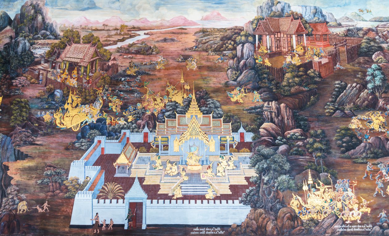 Vægmaleri, der viser scener fra Ramayana ved Wat Phra Kaeo, Royal Grand Palace, Bangkok, Thailand af Thai School