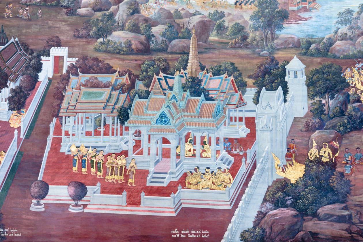 Vægmaleri, der viser scener fra Ramayana ved Wat Phra Kaeo, Royal Grand Palace, Bangkok, Thailand af Thai School