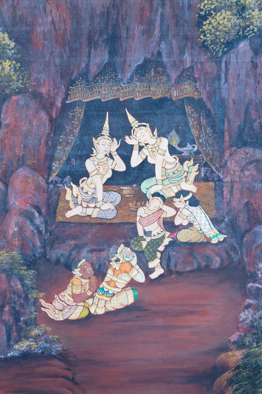 Vægmaleri, der viser scener fra Ramayana ved Wat Phra Kaeo, Royal Grand Palace, Bangkok, Thailand af Thai School