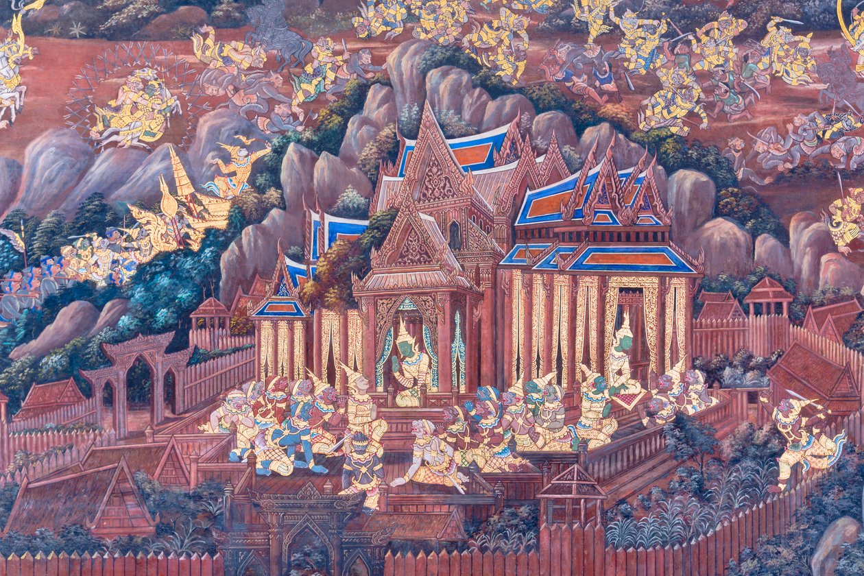 Vægmaleri, der viser scener fra Ramayana ved Wat Phra Kaeo, Royal Grand Palace, Bangkok, Thailand af Thai School