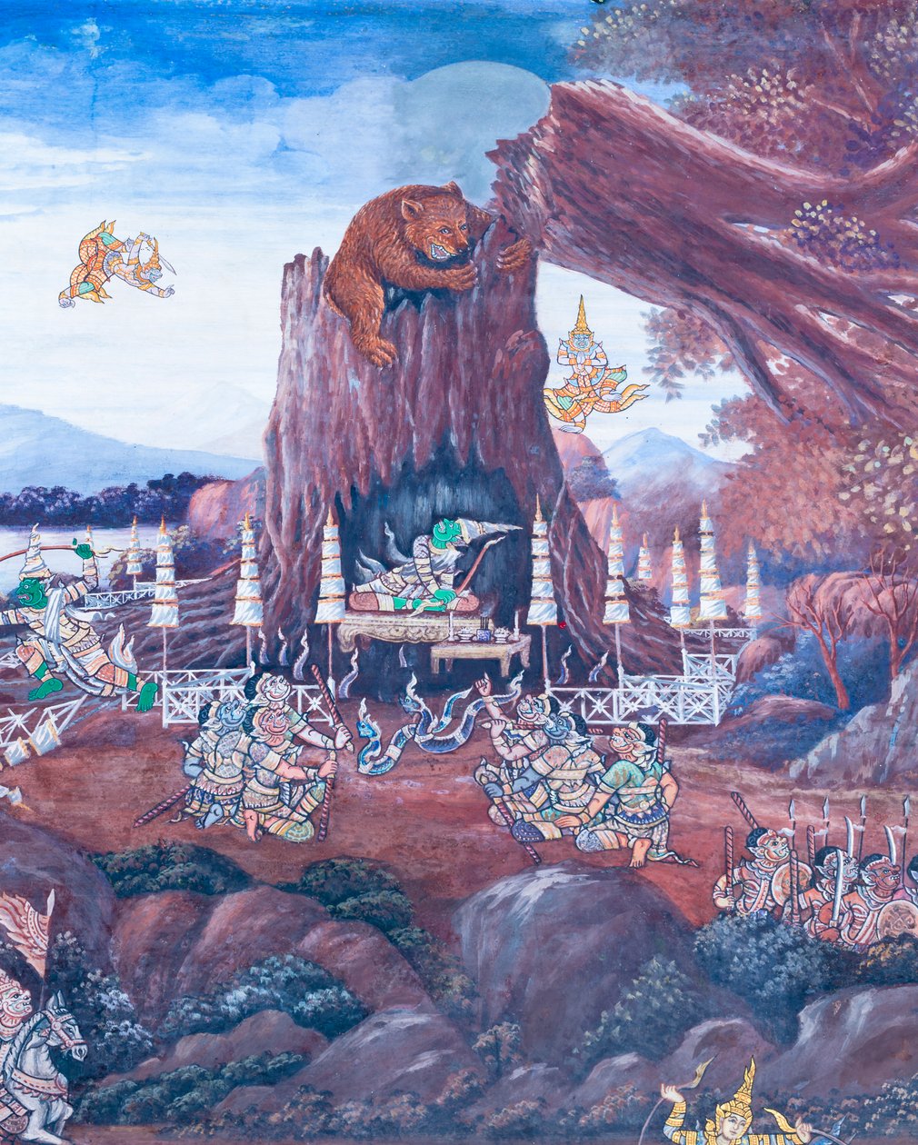 Vægmaleri, der viser scener fra Ramayana ved Wat Phra Kaeo, Royal Grand Palace, Bangkok, Thailand af Thai School